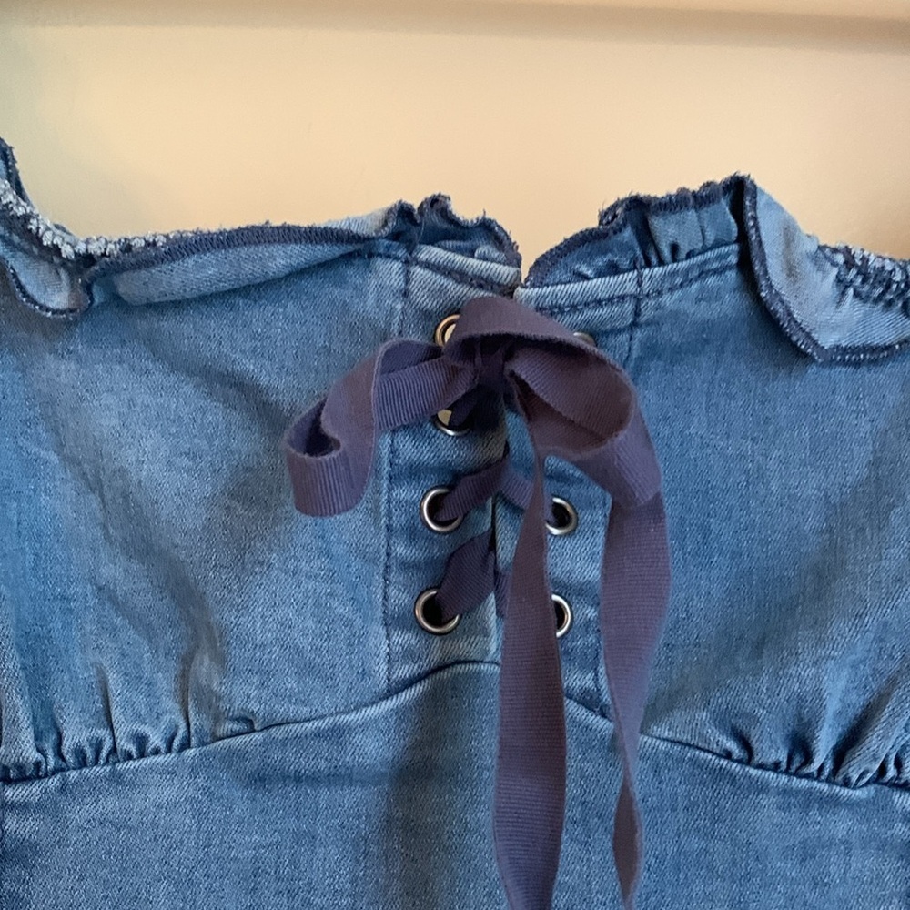 Urban Outfitters Nayda Denim jean Mini Dress Lace Up Sweetheart Neckline - Picture 4 of 11